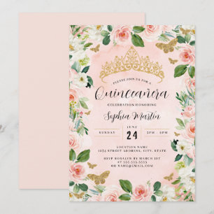 Convites Tiara Butterfly Dourada rosa Quinceanera