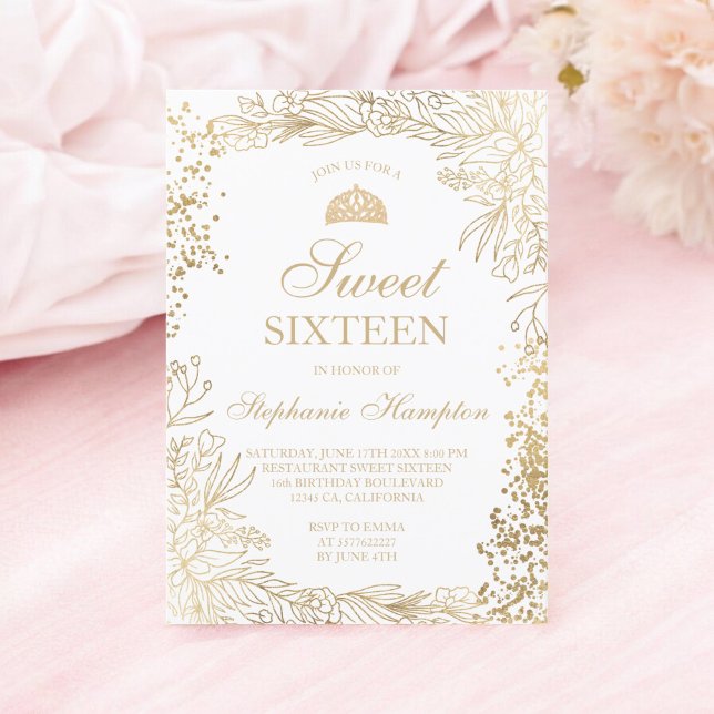 Convites Tiara Chic gold floral White 16 (Chic gold floral white Tiara chic Sweet 16 Invitation)