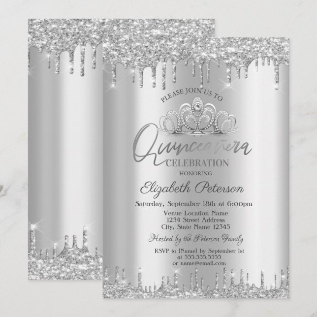 Convites Tiara Chic, Pingentes de Brilho Prateado Quinceañe (Frente/Verso)