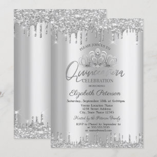 Convites Tiara Chic, Pingentes de Brilho Prateado Quinceañe