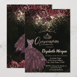 Convites Tiara, Confetes Flores Burgundy Vestido Quinceañer