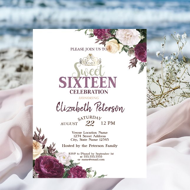Convites Tiara,Confetti Burgundy Flowers Doce 16 Festas (Criador carregado)