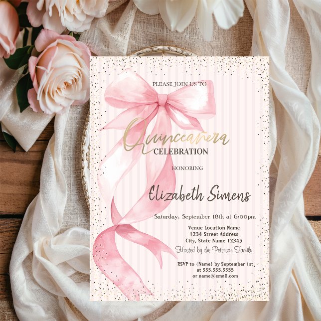 Convites Tiara,Confetti,Pink Bow Striped Sweet 16 (Criador carregado)