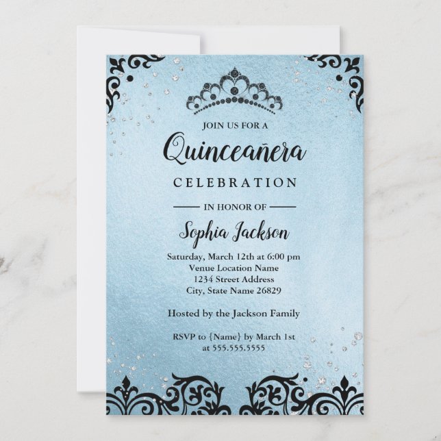 Convites Tiara Damask Azul Brilhante Quinceanera (Frente)