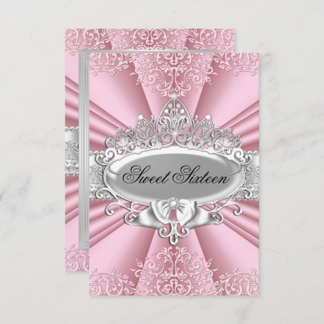 Convites Tiara Damask, Rosa, Doce Festa Sessenta (Frente/Verso)