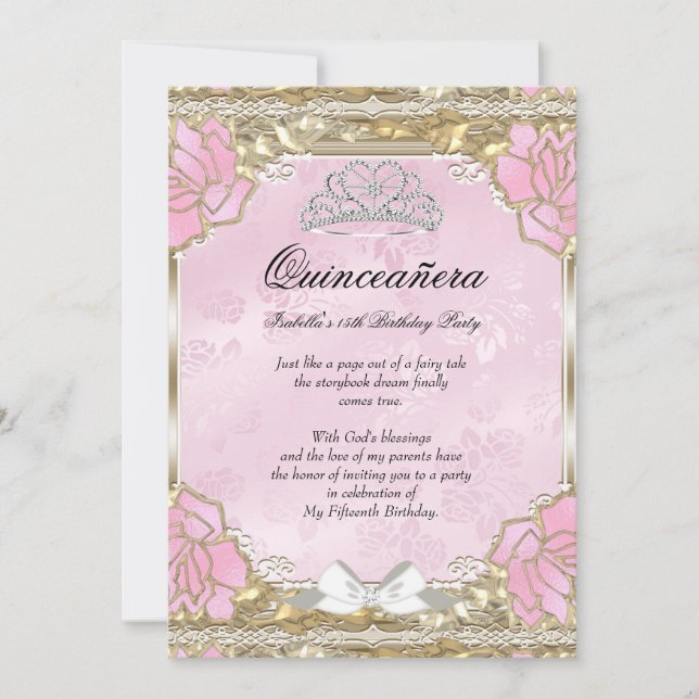 Convites Tiara de Aniversário Rosa Dourado Princesa Quinze  (Frente)