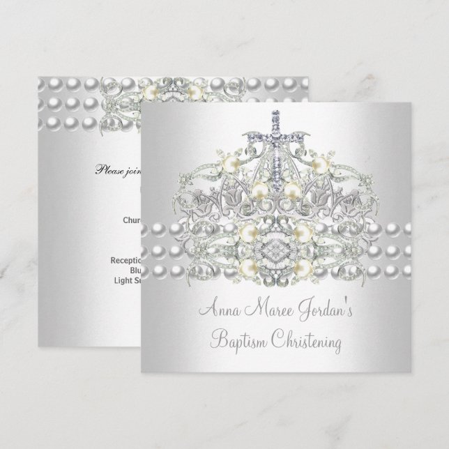 Convites Tiara de Batismo Prata Pérola Branca Diamante (Frente/Verso)