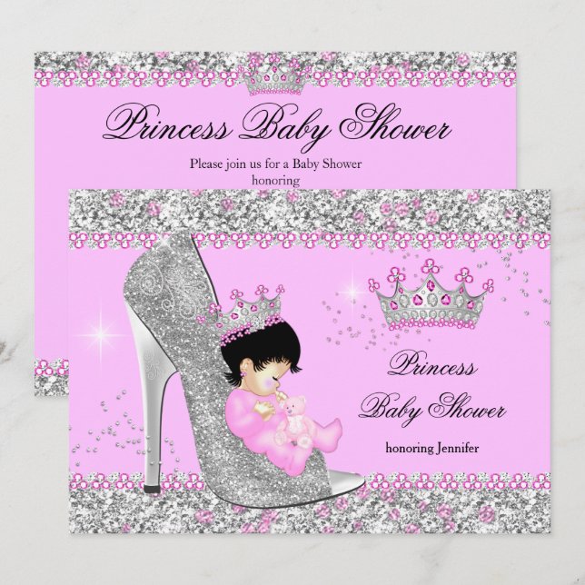 Convites Tiara de Bebê Princesa de Salto Alto Prateado Rosa (Frente/Verso)