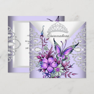 Convites Tiara de Borboleta Lilás Roxa Quinceanera Floral