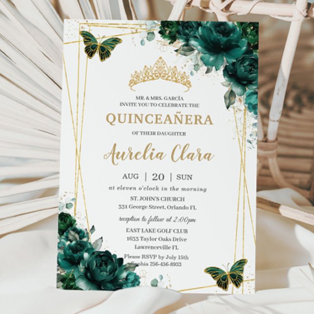 Convites Tiara de Borboletas Florais Verde Esmeralda para Q (Criador carregado)