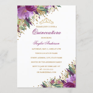 Convites Tiara de Brilho Ametista Roxa Floral Quinceanera