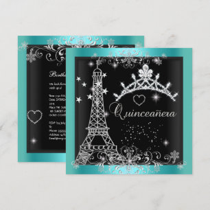 Convites Tiara de Brilho Azul Teal Quinceanera Torre Eiffel