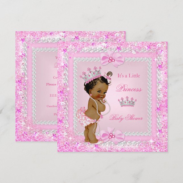 Convites Tiara de Brilho Rosa para Chás de Bebê Princesa Ét (Frente/Verso)