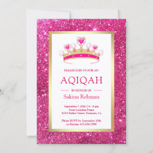 Convites Tiara de Brilho Rosa Quente Princesa Aqiqah