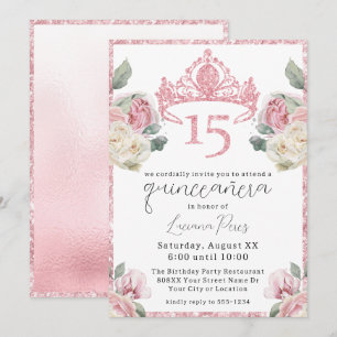 Convites Tiara de Brilho Rosas Rosa e Branca Quinceañera