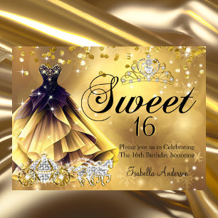 Convites Tiara de Carruagem de Ouro para Aniversário de 16 