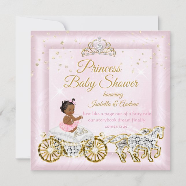 Convites Tiara de Chá de Bebê Princesa Carruagem Rosa Étnic (Frente)