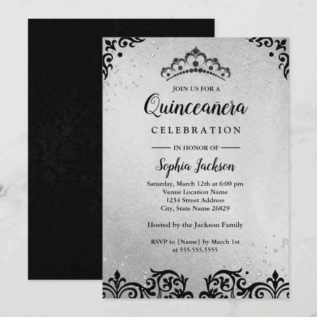 Convites Tiara de Damasco Prata Preto Quinceanera (Frente/Verso)