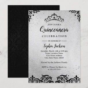 Convites Tiara de Damasco Prata Preto Quinceanera