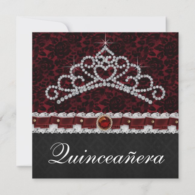 Convites Tiara de Damasco Vermelho Preto Quinceanera (Frente)