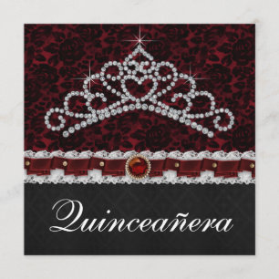 Convites Tiara de Damasco Vermelho Preto Quinceanera