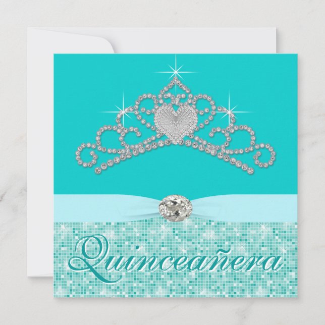 Convites Tiara de Diamante Azul Turquesa Azul Quincenera (Frente)