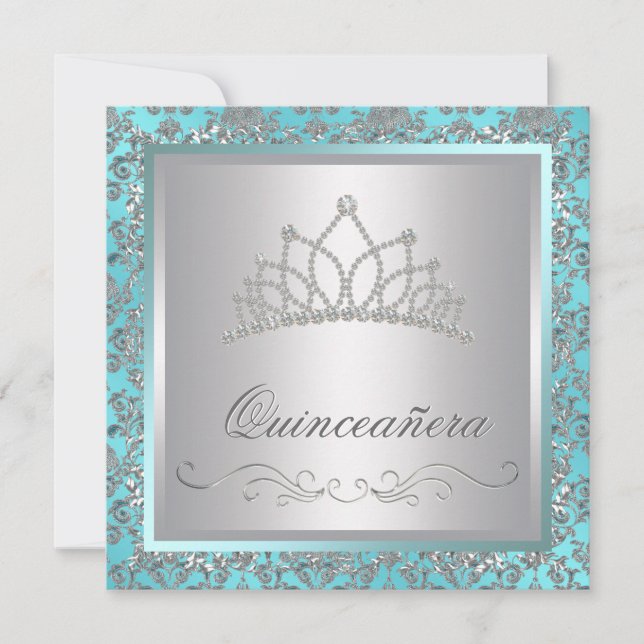 Convites Tiara de Diamante Azul Turquesa Damask Azul Turque (Frente)