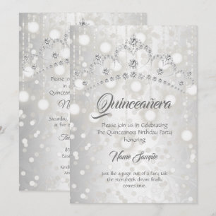 Convites Tiara de Diamante Branco Prata Bonita Quinceanera