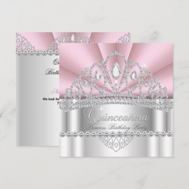 Convites Tiara de Diamante Branco Rosa Princesa Quinceanera (Frente/Verso)