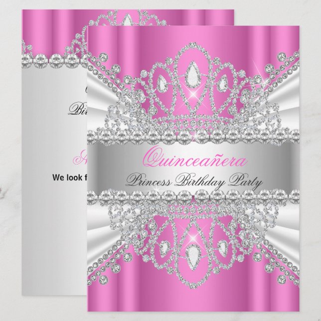 Convites Tiara de Diamante Branco Rosa Princesa Quinceanera (Frente/Verso)