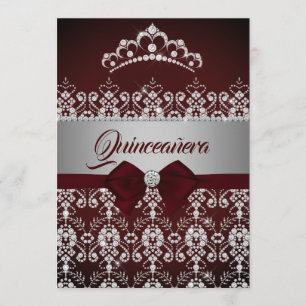 Convites Tiara de Diamante com Laço Burgundy para Quinceane