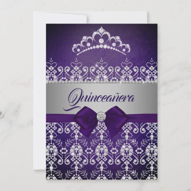 Convites Tiara de Diamante com Laço Roxo Brilho Quinceanera (Frente)