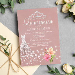 Convites Tiara de diamante e vestido floral chic quinceaner