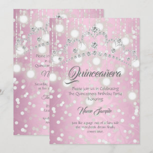 Convites Tiara de Diamante Prata Rosa Fina para Quinceanera
