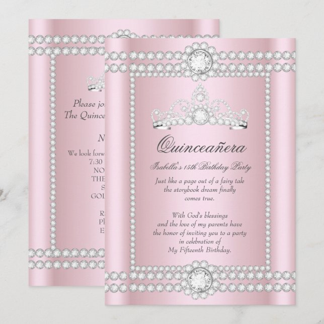 Convites Tiara de Diamante Prata Rosa para Princesa Quincea (Frente/Verso)