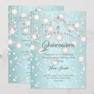 Convites Tiara de Diamante Prata Teal Bonita Quinceanera