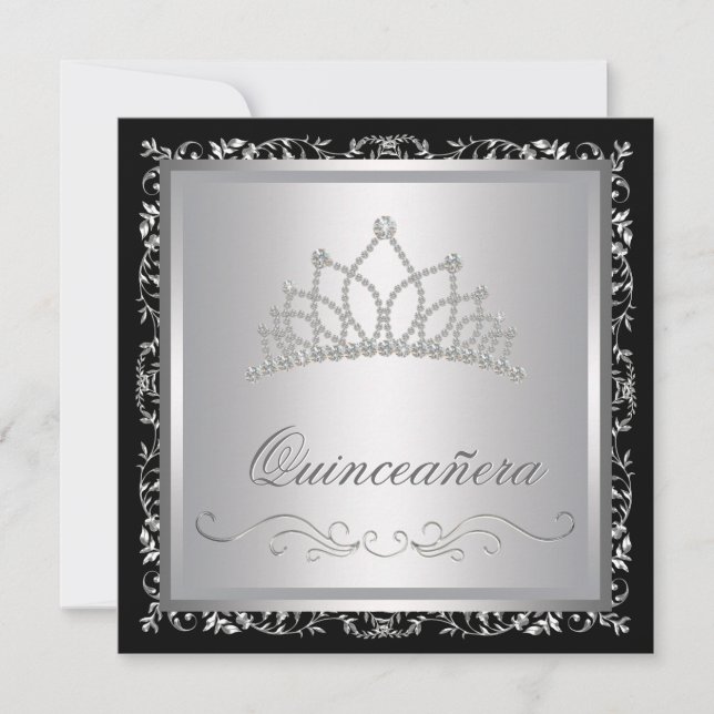 Convites Tiara de Diamante Preto Damasko Quinceanera (Frente)