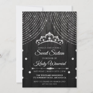 Convites Tiara de Diamante Preto Prata Sweet 16