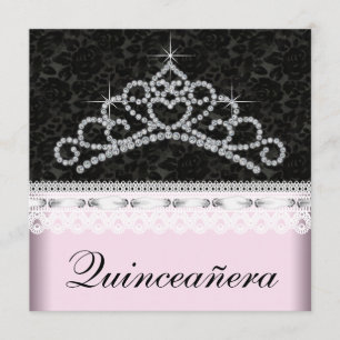 Convites Tiara de Diamante Rosa Preto Sweet 15 Quinceanera