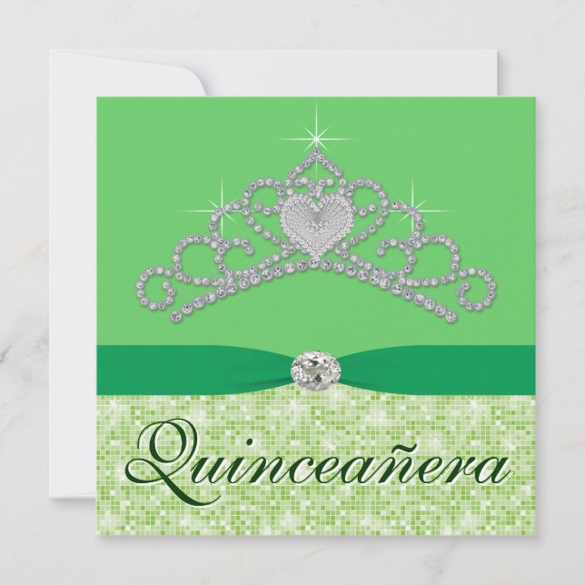 Convites Tiara de Diamante Verde Lima Quincenera Verde (Frente)