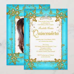 Convites Tiara de Diamantes Dourada Azul Teal para Fotos de