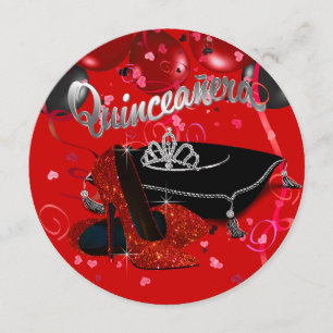 Convites Tiara de Diamantes Vermelha e Preta Quinceanera