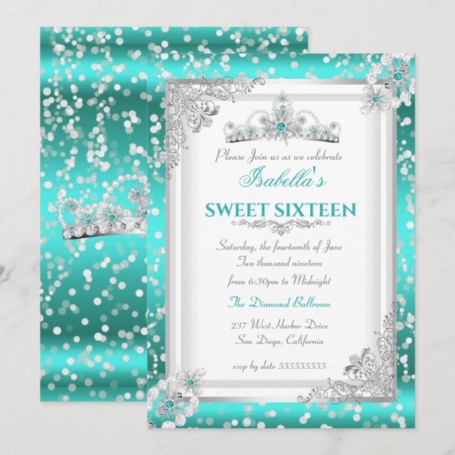 Convites Tiara de Floco de Neve Prata Azul Turquesa Sweet 1 (Frente/Verso)