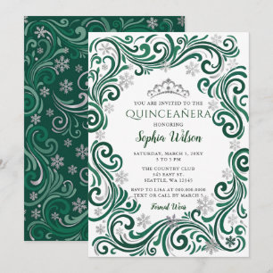 Convites Tiara de Flocos de Neve Verde Prata Quinceañera