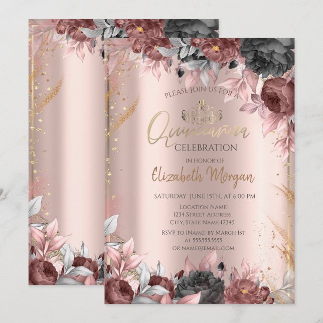 Convites Tiara de Flores Chic, Diamantes Rosa Dourado Quinc (Frente/Verso)