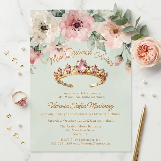 Convites Tiara de Flores Rosa Aquarela Dourada Quinceañera (Criador carregado)