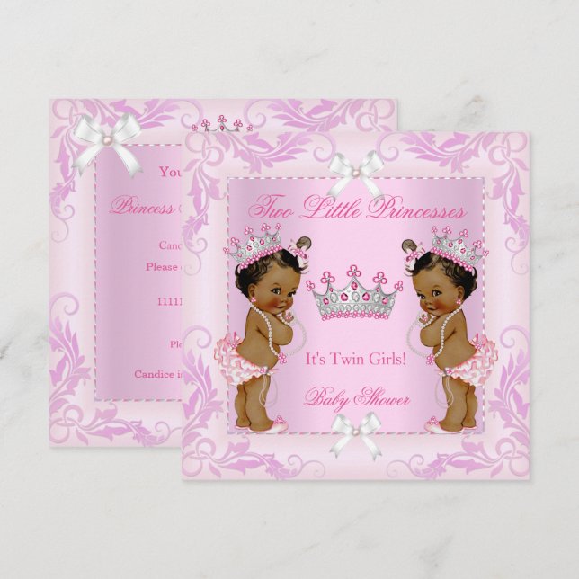 Convites Tiara de Gêmeas Princesa Pérolas Rosa Etnico (Frente/Verso)