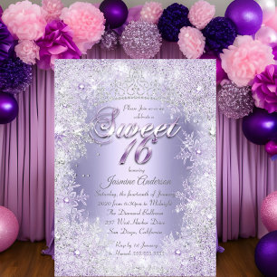 Convites Tiara de Inverno Encantado Roxo Prata Sweet 16