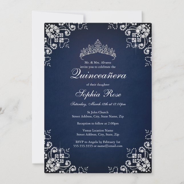 Convites Tiara de Joia Azul Butterfly Quinceanera (Frente)