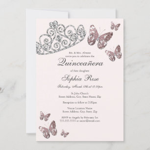 Convites Tiara de Joia Rosa Bege Borboleta Quinceanera
